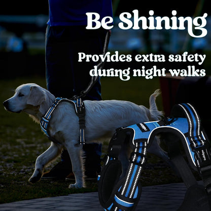 Dog Harness for Large, Updated Easy On & Off with 3 Buckles | No Pull No Choke, Walking with 2 Clips and Handle, Adjustable Soft Reflective, Blue, Large
