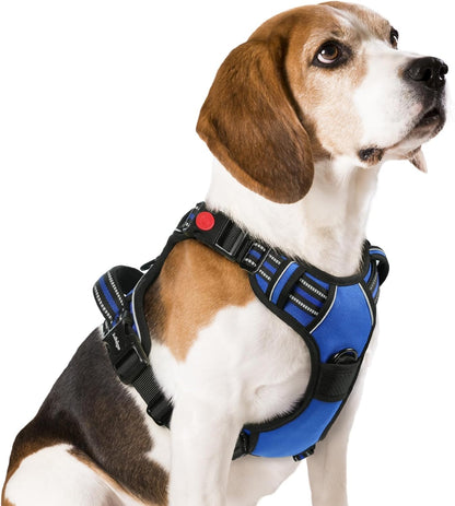 Dog Harness for Large, Updated Easy On & Off with 3 Buckles | No Pull No Choke, Walking with 2 Clips and Handle, Adjustable Soft Reflective, Blue, Large