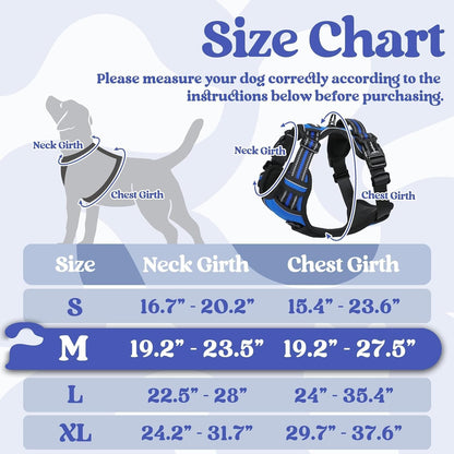 Dog Harness for Large, Updated Easy On & Off with 3 Buckles | No Pull No Choke, Walking with 2 Clips and Handle, Adjustable Soft Reflective, Blue, Large