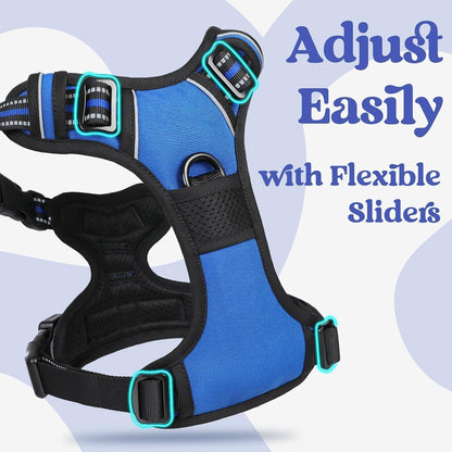 Dog Harness for Large, Updated Easy On & Off with 3 Buckles | No Pull No Choke, Walking with 2 Clips and Handle, Adjustable Soft Reflective, Blue, Large