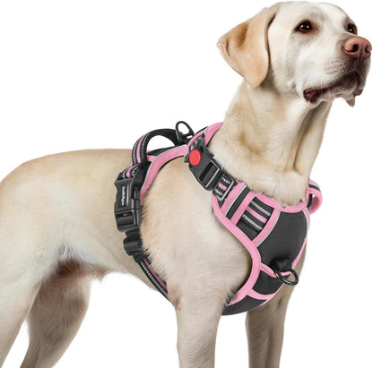 Dog Harness for Large, Updated Easy On & Off with 3 Buckles | No Pull No Choke, Walking with 2 Clips and Handle, Adjustable Soft Reflective, Blue, Large