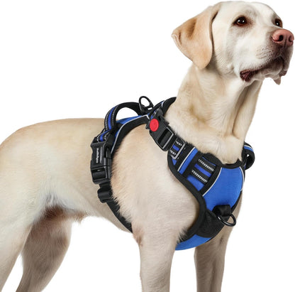 Dog Harness for Large, Updated Easy On & Off with 3 Buckles | No Pull No Choke, Walking with 2 Clips and Handle, Adjustable Soft Reflective, Blue, Large