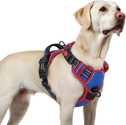 Dog Harness for Large, Updated Easy On & Off with 3 Buckles | No Pull No Choke, Walking with 2 Clips and Handle, Adjustable Soft Reflective, Blue, Large