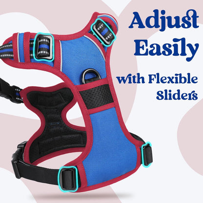 Dog Harness for Large, Updated Easy On & Off with 3 Buckles | No Pull No Choke, Walking with 2 Clips and Handle, Adjustable Soft Reflective, Blue, Large