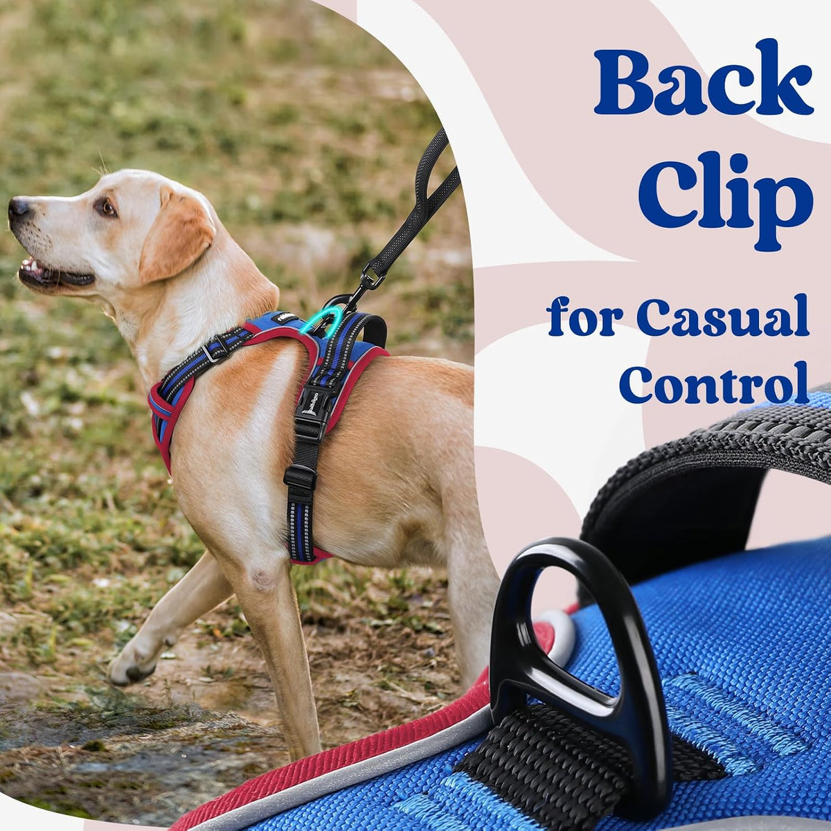 Dog Harness for Large, Updated Easy On & Off with 3 Buckles | No Pull No Choke, Walking with 2 Clips and Handle, Adjustable Soft Reflective, Blue, Large