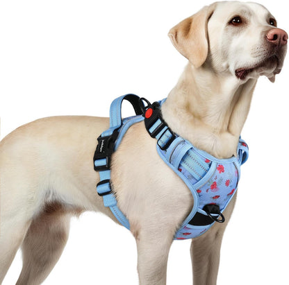 Dog Harness for Large, Updated Easy On & Off with 3 Buckles | No Pull No Choke, Walking with 2 Clips and Handle, Adjustable Soft Reflective, Blue, Large