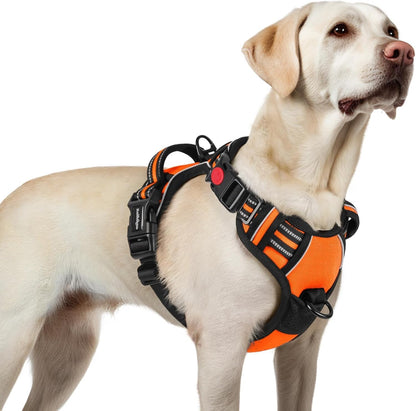 Dog Harness for Large, Updated Easy On & Off with 3 Buckles | No Pull No Choke, Walking with 2 Clips and Handle, Adjustable Soft Reflective, Blue, Large