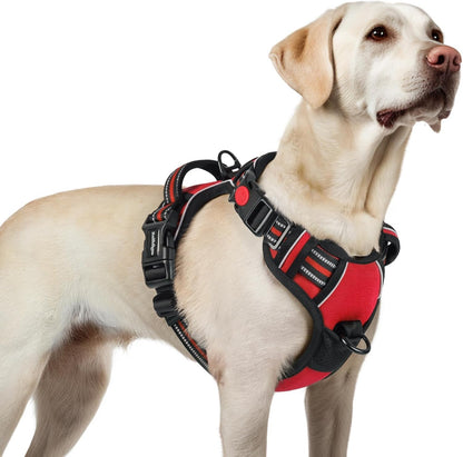 Dog Harness for Large, Updated Easy On & Off with 3 Buckles | No Pull No Choke, Walking with 2 Clips and Handle, Adjustable Soft Reflective, Blue, Large