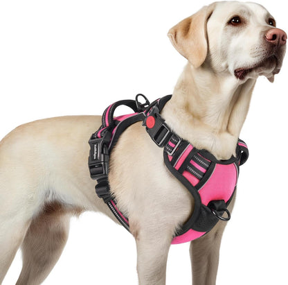 Dog Harness for Large, Updated Easy On & Off with 3 Buckles | No Pull No Choke, Walking with 2 Clips and Handle, Adjustable Soft Reflective, Blue, Large