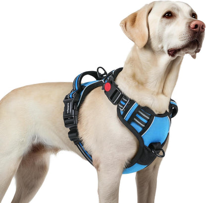 Dog Harness for Large, Updated Easy On & Off with 3 Buckles | No Pull No Choke, Walking with 2 Clips and Handle, Adjustable Soft Reflective, Blue, Large