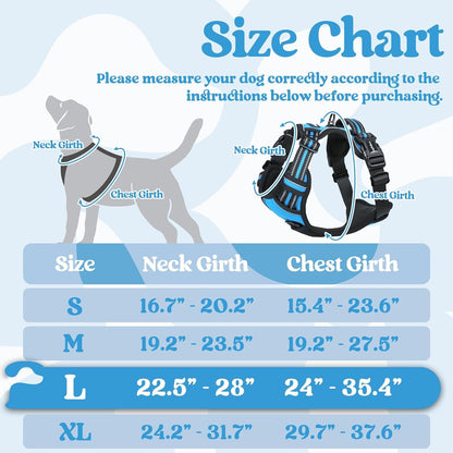 Dog Harness for Large, Updated Easy On & Off with 3 Buckles | No Pull No Choke, Walking with 2 Clips and Handle, Adjustable Soft Reflective, Blue, Large