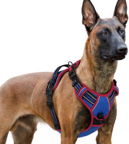 Dog Harness for Large, Updated Easy On & Off with 3 Buckles | No Pull No Choke, Walking with 2 Clips and Handle, Adjustable Soft Reflective, Blue, Large