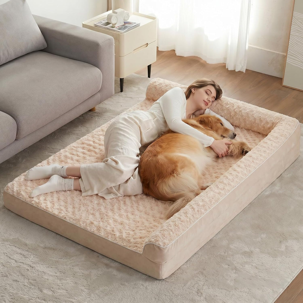 Orthopedic Washable Dog Bed, Sleeping Couch for Large Senior Dogs | Deluxe Plush Rose Velvet Washable Cover, Egg Crate Foam Support, Waterproof Lining, Non-Slip Bottom, Senior Dogs