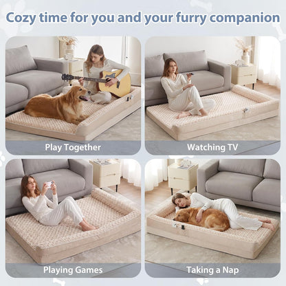 Orthopedic Washable Dog Bed, Sleeping Couch for Large Senior Dogs | Deluxe Plush Rose Velvet Washable Cover, Egg Crate Foam Support, Waterproof Lining, Non-Slip Bottom, Senior Dogs