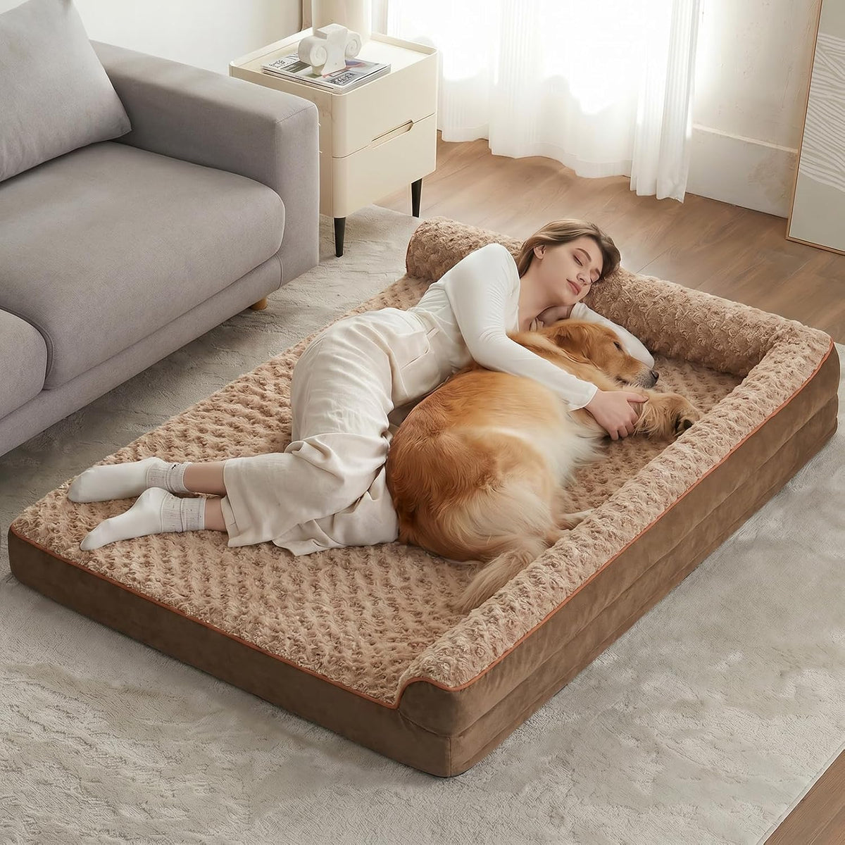 Orthopedic Washable Dog Bed, Sleeping Couch for Large Senior Dogs | Deluxe Plush Rose Velvet Washable Cover, Egg Crate Foam Support, Waterproof Lining, Non-Slip Bottom, Senior Dogs