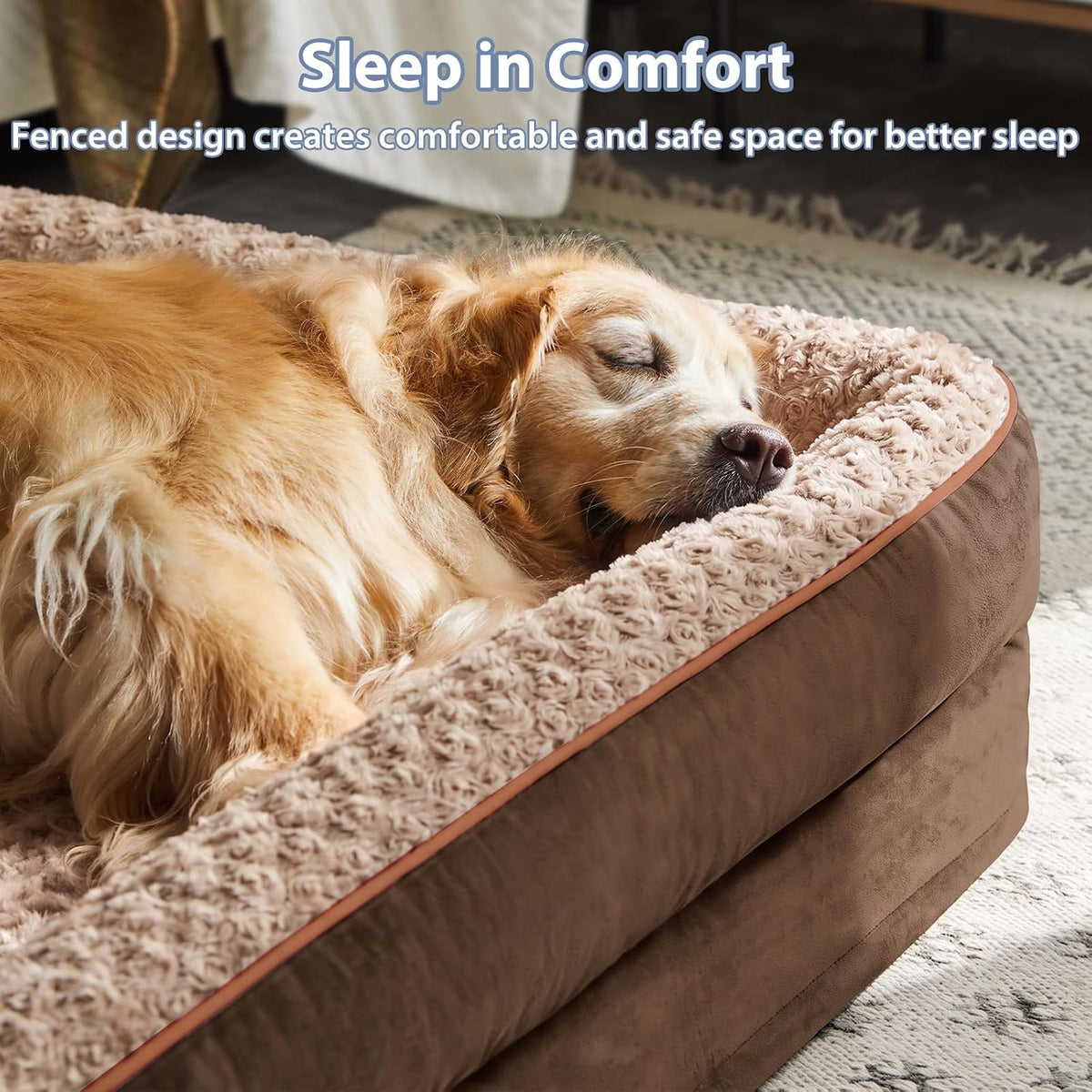 Orthopedic Washable Dog Bed, Sleeping Couch for Large Senior Dogs | Deluxe Plush Rose Velvet Washable Cover, Egg Crate Foam Support, Waterproof Lining, Non-Slip Bottom, Senior Dogs