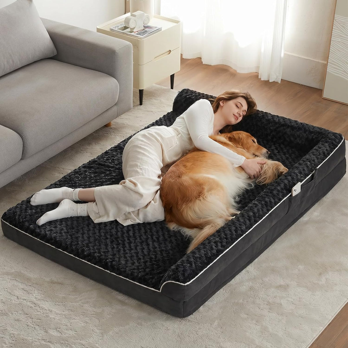 Orthopedic Washable Dog Bed, Sleeping Couch for Large Senior Dogs | Deluxe Plush Rose Velvet Washable Cover, Egg Crate Foam Support, Waterproof Lining, Non-Slip Bottom, Senior Dogs