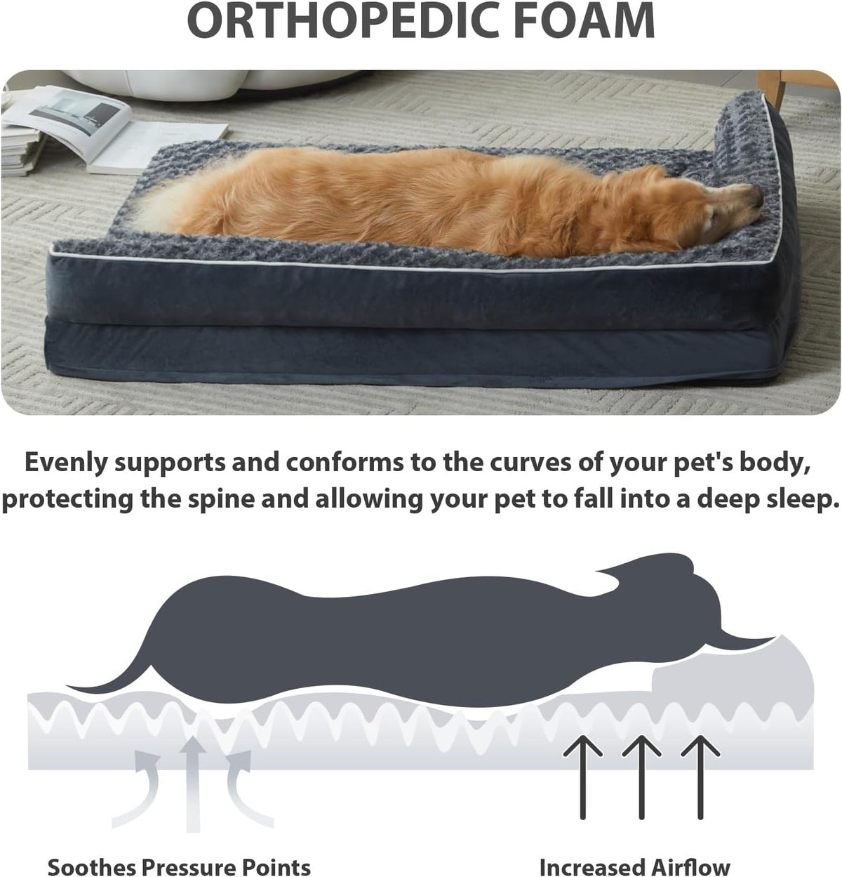 Orthopedic Washable Dog Bed, Sleeping Couch for Large Senior Dogs | Deluxe Plush Rose Velvet Washable Cover, Egg Crate Foam Support, Waterproof Lining, Non-Slip Bottom, Senior Dogs