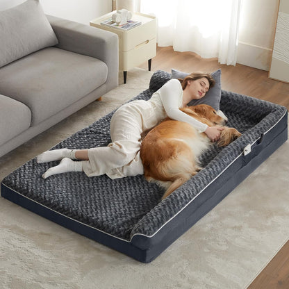 Orthopedic Washable Dog Bed, Sleeping Couch for Large Senior Dogs | Deluxe Plush Rose Velvet Washable Cover, Egg Crate Foam Support, Waterproof Lining, Non-Slip Bottom, Senior Dogs