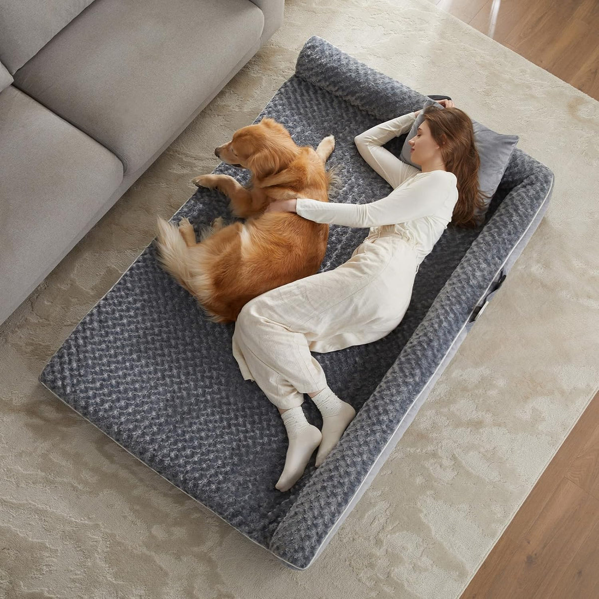 Orthopedic Washable Dog Bed, Sleeping Couch for Large Senior Dogs | Deluxe Plush Rose Velvet Washable Cover, Egg Crate Foam Support, Waterproof Lining, Non-Slip Bottom, Senior Dogs