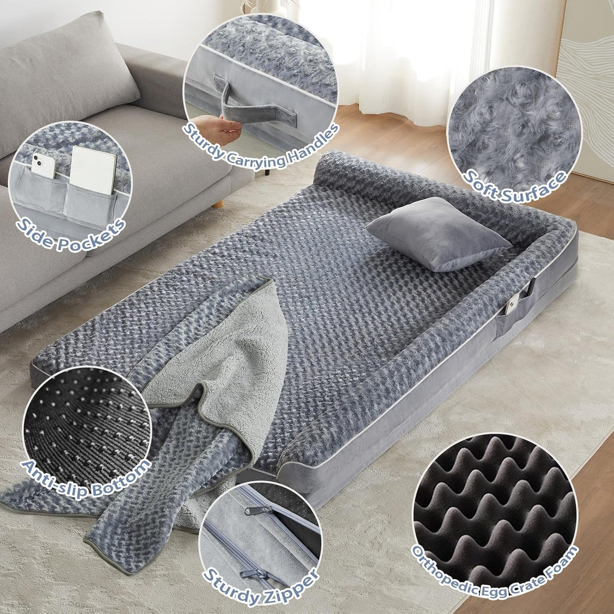 Orthopedic Washable Dog Bed, Sleeping Couch for Large Senior Dogs | Deluxe Plush Rose Velvet Washable Cover, Egg Crate Foam Support, Waterproof Lining, Non-Slip Bottom, Senior Dogs