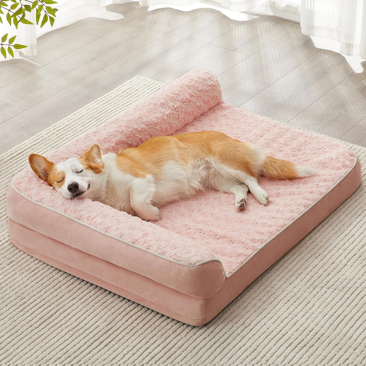 Orthopedic Washable Dog Bed, Sleeping Couch for Large Senior Dogs | Deluxe Plush Rose Velvet Washable Cover, Egg Crate Foam Support, Waterproof Lining, Non-Slip Bottom, Senior Dogs