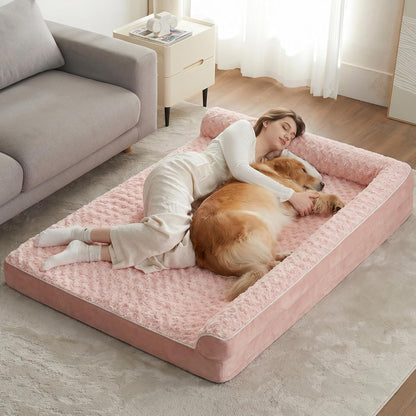 Orthopedic Washable Dog Bed, Sleeping Couch for Large Senior Dogs | Deluxe Plush Rose Velvet Washable Cover, Egg Crate Foam Support, Waterproof Lining, Non-Slip Bottom, Senior Dogs