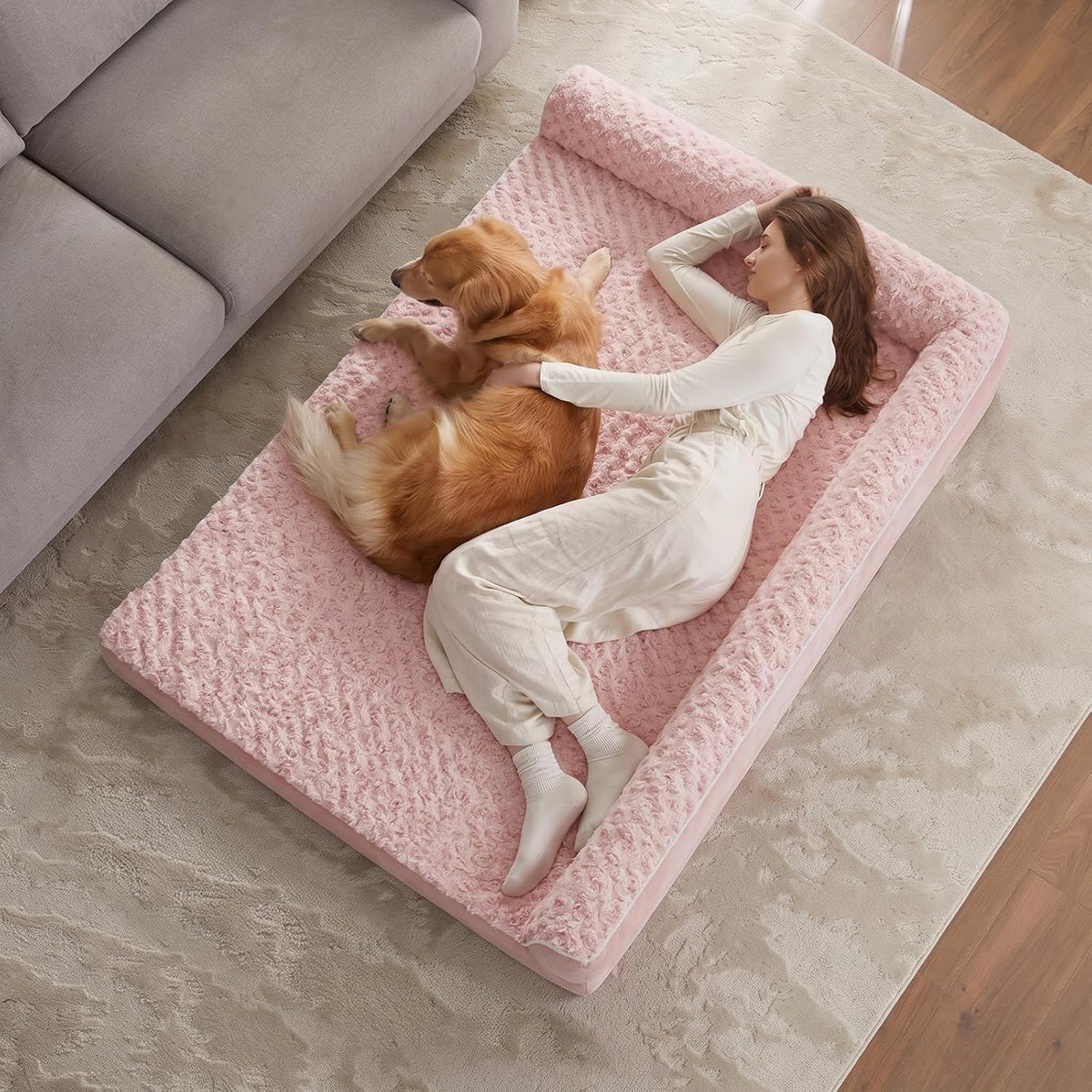 Orthopedic Washable Dog Bed, Sleeping Couch for Large Senior Dogs | Deluxe Plush Rose Velvet Washable Cover, Egg Crate Foam Support, Waterproof Lining, Non-Slip Bottom, Senior Dogs