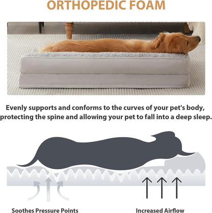 Orthopedic Washable Dog Bed, Sleeping Couch for Large Senior Dogs | Deluxe Plush Rose Velvet Washable Cover, Egg Crate Foam Support, Waterproof Lining, Non-Slip Bottom, Senior Dogs