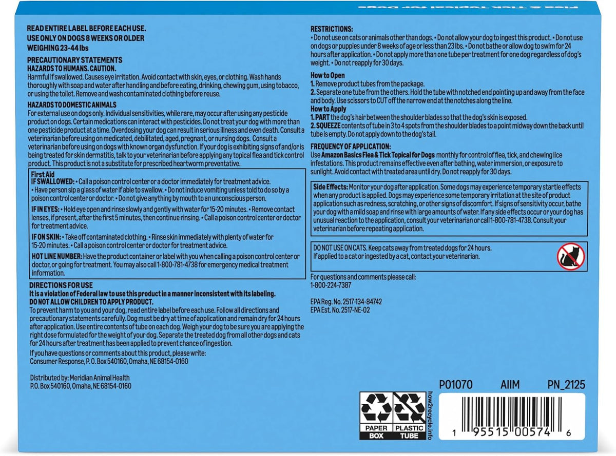 Flea and Tick Topical Treatment for Medium Dogs (23-44 lbs), Fast Acting and Long Lasting, Packaging May Vary
