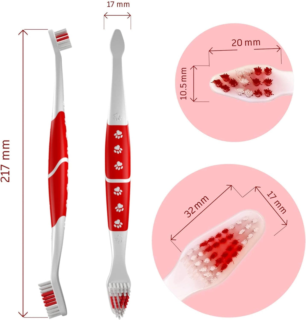 Pet Toothbrush for Dogs, Cats with Soft Bristles - Easy Teeth Cleaning & Dental Care, Non Slip Dual Head Dog Toothbrush for Medium & Large Pets, Toothpaste Not Included, Pack of 1 Red