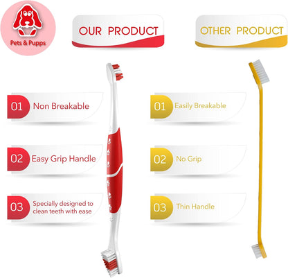 Pet Toothbrush for Dogs, Cats with Soft Bristles - Easy Teeth Cleaning & Dental Care, Non Slip Dual Head Dog Toothbrush for Medium & Large Pets, Toothpaste Not Included, Pack of 1 Red