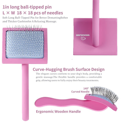 Purple Slicker Brush Long Haired Dog Wooden Handle Coated Pins | Skin-like non-slip coating, odor-free.Pins come with protective rounded tips, Ergonomic Slicker brush for long-haired dogs