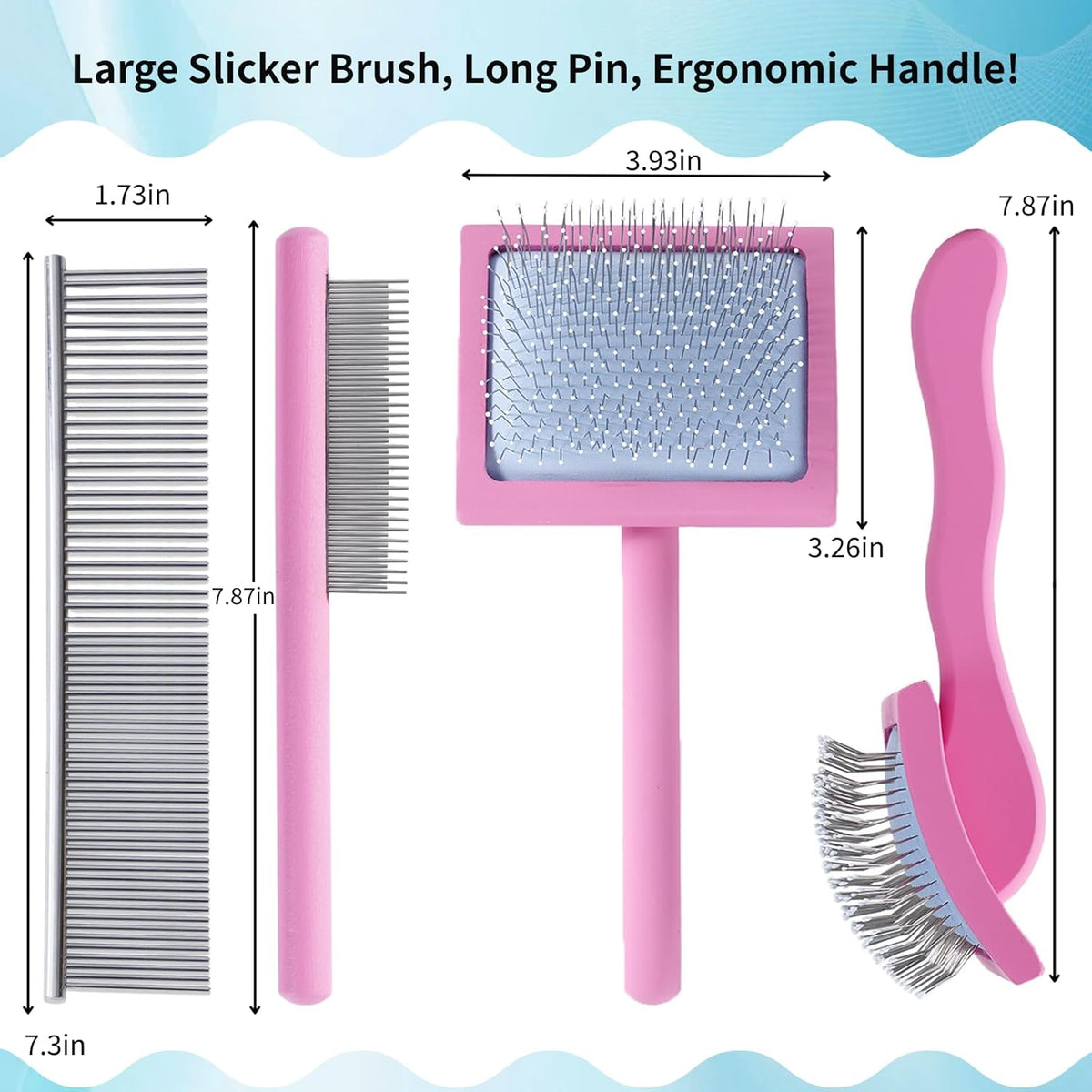 Purple Slicker Brush Long Haired Dog Wooden Handle Coated Pins | Skin-like non-slip coating, odor-free.Pins come with protective rounded tips, Ergonomic Slicker brush for long-haired dogs