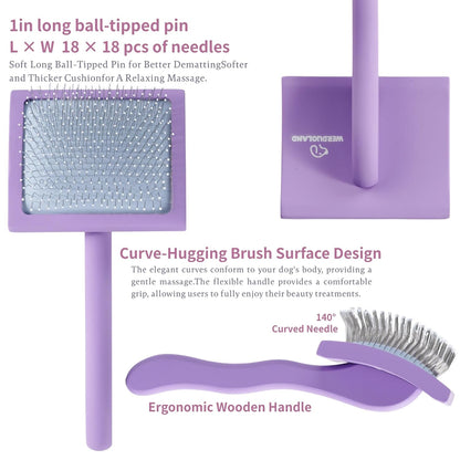 Purple Slicker Brush Long Haired Dog Wooden Handle Coated Pins | Skin-like non-slip coating, odor-free.Pins come with protective rounded tips, Ergonomic Slicker brush for long-haired dogs