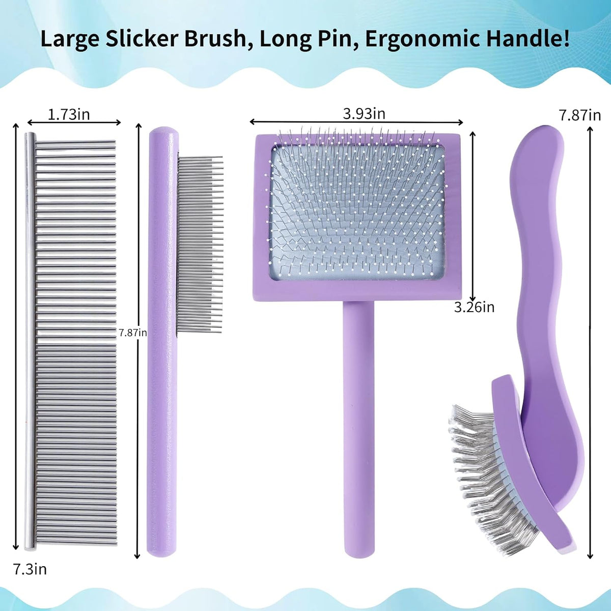 Purple Slicker Brush Long Haired Dog Wooden Handle Coated Pins | Skin-like non-slip coating, odor-free.Pins come with protective rounded tips, Ergonomic Slicker brush for long-haired dogs