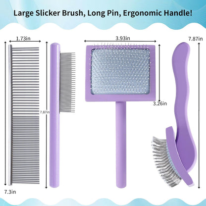 Purple Slicker Brush Long Haired Dog Wooden Handle Coated Pins | Skin-like non-slip coating, odor-free.Pins come with protective rounded tips, Ergonomic Slicker brush for long-haired dogs