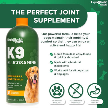 Pets K9 Liquid Glucosamine for Dogs, Puppies, Senior Canines with Chondroitin, MSM, Hyaluronic Acid - Dog Vitamins for Hip & Joint Health, Dog Joint Oil, Joint Juice - Made in USA (32 oz)