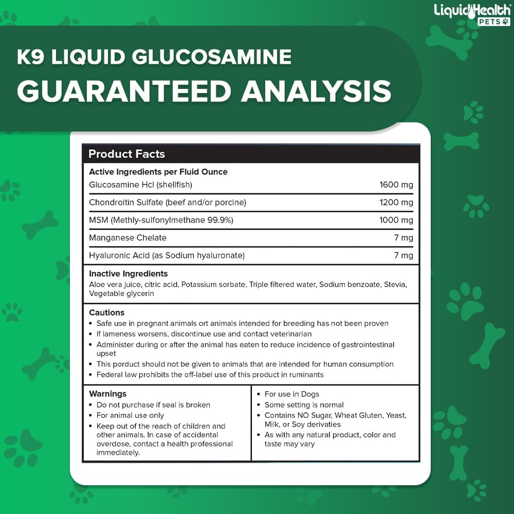 Pets K9 Liquid Glucosamine for Dogs, Puppies, Senior Canines with Chondroitin, MSM, Hyaluronic Acid - Dog Vitamins for Hip & Joint Health, Dog Joint Oil, Joint Juice - Made in USA (32 oz)