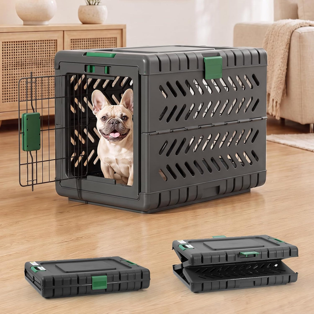 28" L Travel Dog Crate -Collapsible Dog Crate for Medium/Small Dogs, No Tools Required with Space Saving Design,Portable Foldable Dog Carrier with 2 Smooth Wheels,Handles for Easy Moving,Dark Grey