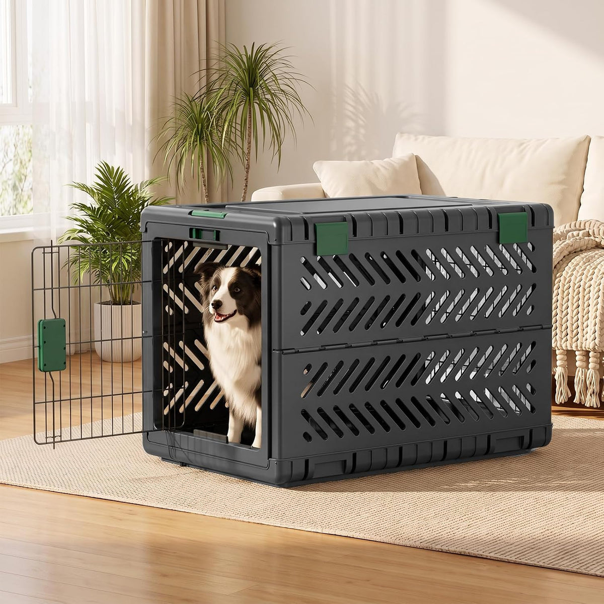 28" L Travel Dog Crate -Collapsible Dog Crate for Medium/Small Dogs, No Tools Required with Space Saving Design,Portable Foldable Dog Carrier with 2 Smooth Wheels,Handles for Easy Moving,Dark Grey