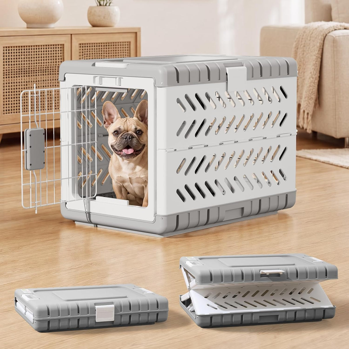 28" L Travel Dog Crate -Collapsible Dog Crate for Medium/Small Dogs, No Tools Required with Space Saving Design,Portable Foldable Dog Carrier with 2 Smooth Wheels,Handles for Easy Moving,Dark Grey