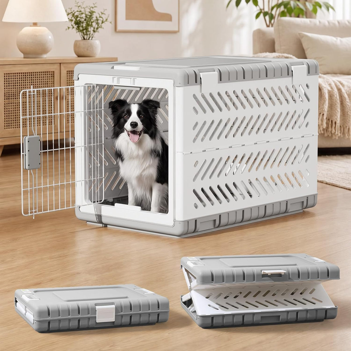 28" L Travel Dog Crate -Collapsible Dog Crate for Medium/Small Dogs, No Tools Required with Space Saving Design,Portable Foldable Dog Carrier with 2 Smooth Wheels,Handles for Easy Moving,Dark Grey