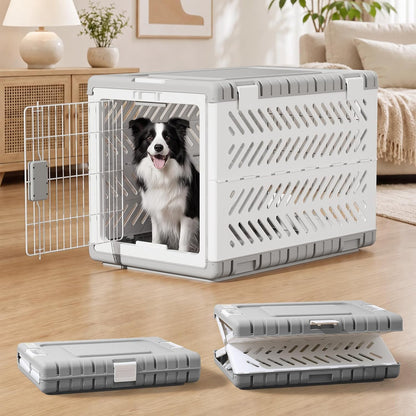 28" L Travel Dog Crate -Collapsible Dog Crate for Medium/Small Dogs, No Tools Required with Space Saving Design,Portable Foldable Dog Carrier with 2 Smooth Wheels,Handles for Easy Moving,Dark Grey