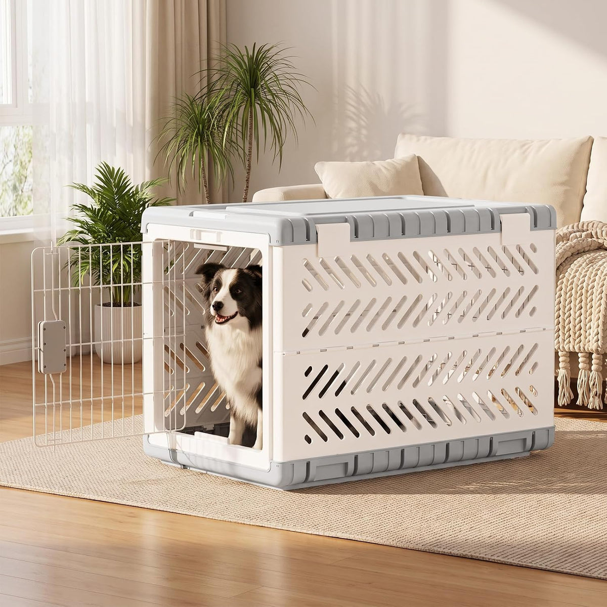 28" L Travel Dog Crate -Collapsible Dog Crate for Medium/Small Dogs, No Tools Required with Space Saving Design,Portable Foldable Dog Carrier with 2 Smooth Wheels,Handles for Easy Moving,Dark Grey