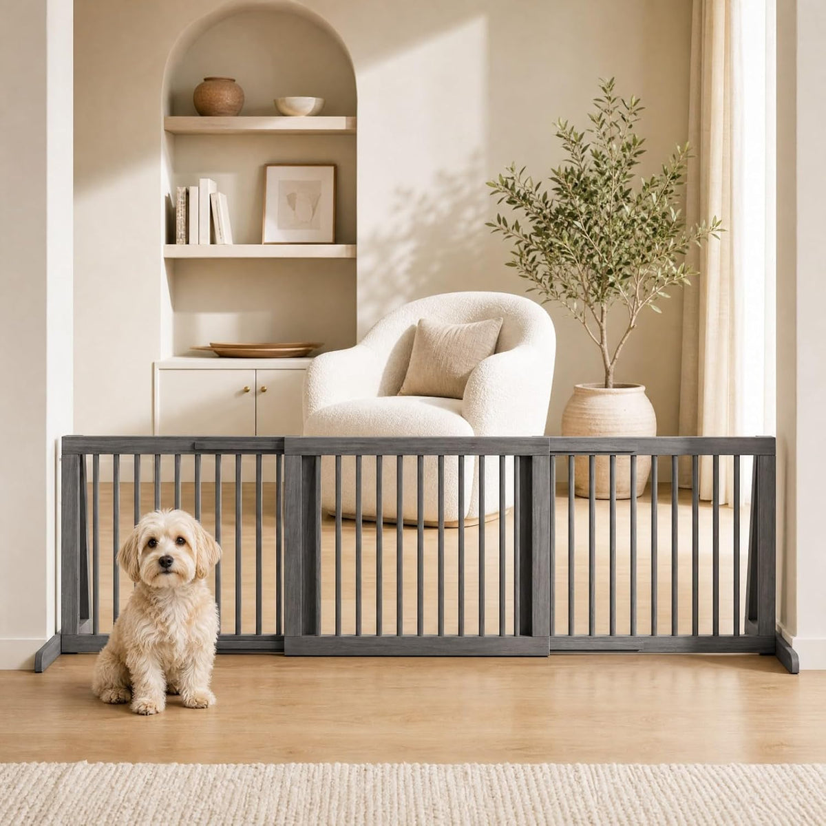 Freestanding Wood Dog Gate, 28''-80''L Expandable Extra Wide Fence