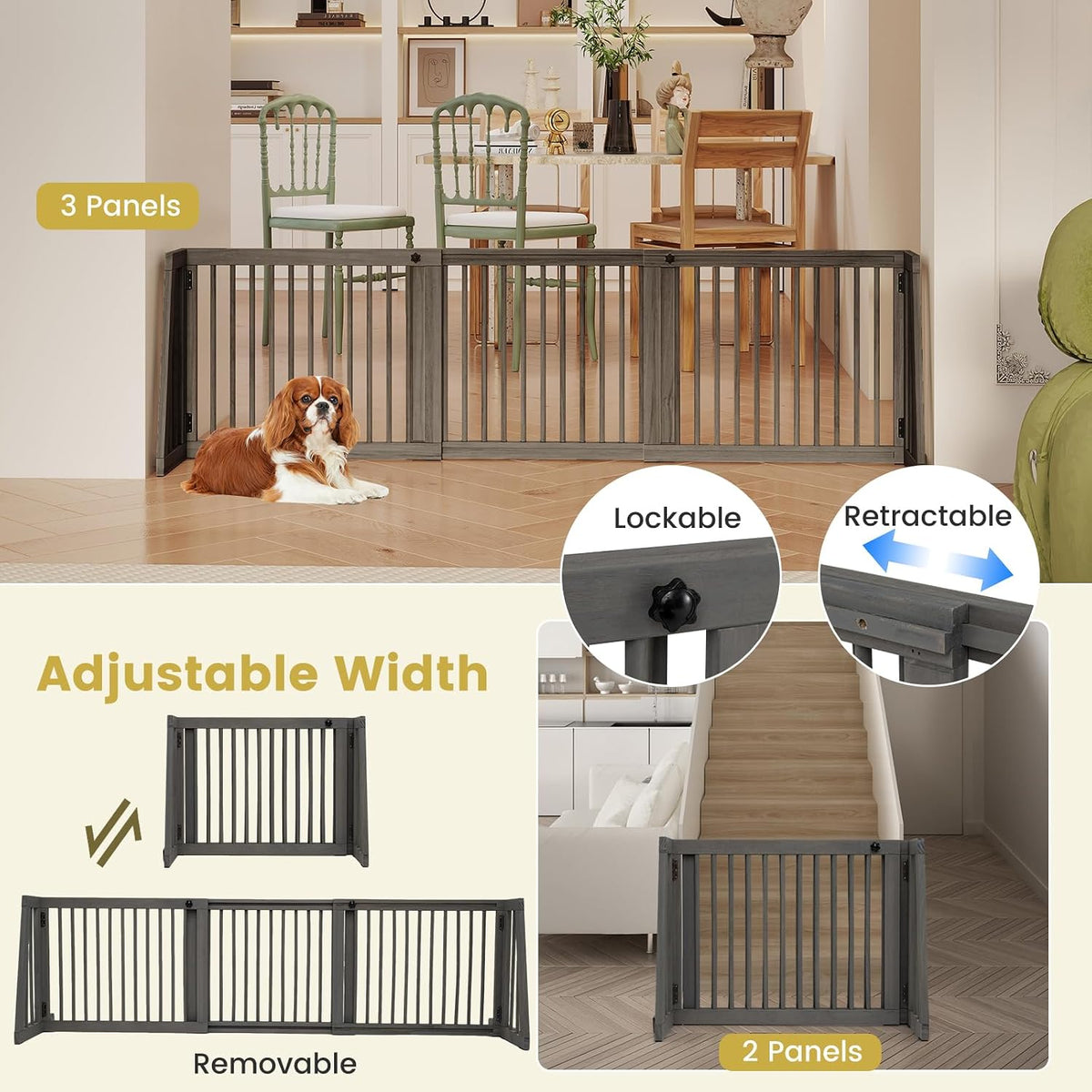 Freestanding Wood Dog Gate, 28''-80''L Expandable Extra Wide Fence