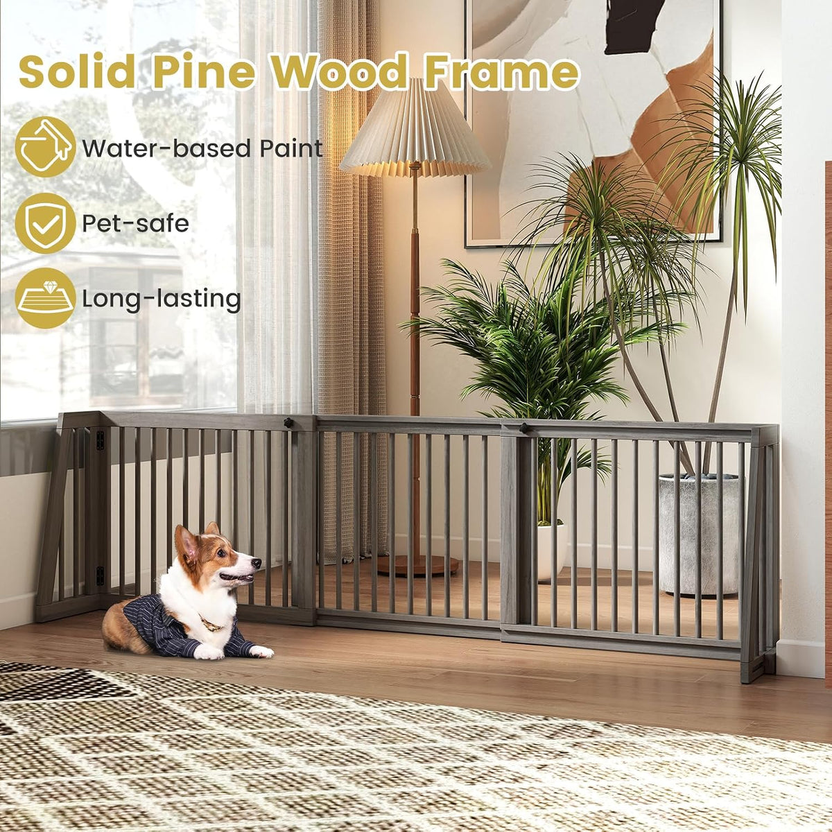 Freestanding Wood Dog Gate, 28''-80''L Expandable Extra Wide Fence