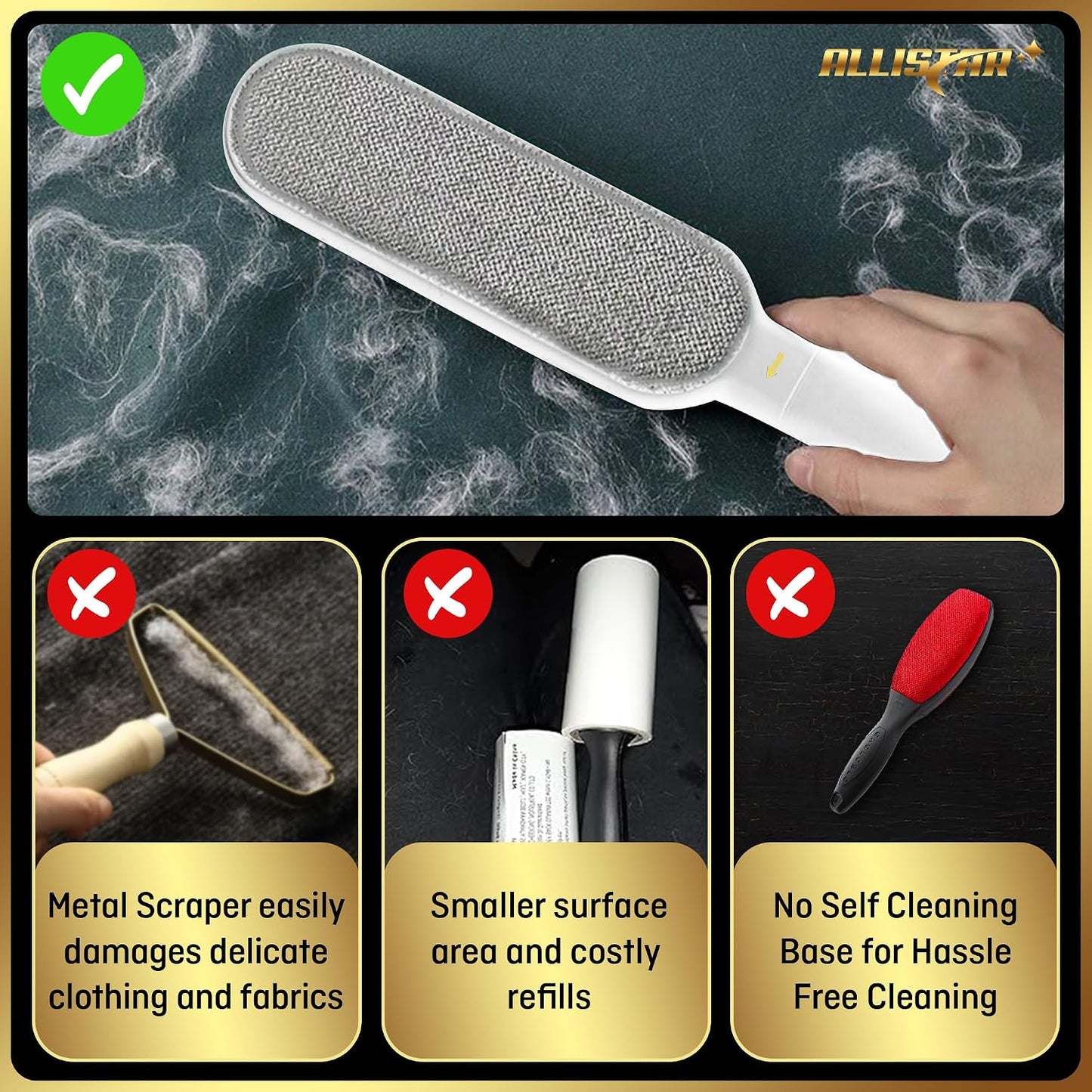 Lint Brush, Lint Remover, and Pet Hair Remover for Laundry, Clothes, Couches, Car Seats, Furniture and Fabric. Reusable Dog and Cat Fur Wizard Hair Removal Brush. ALLISTAR (Midnight Blue)