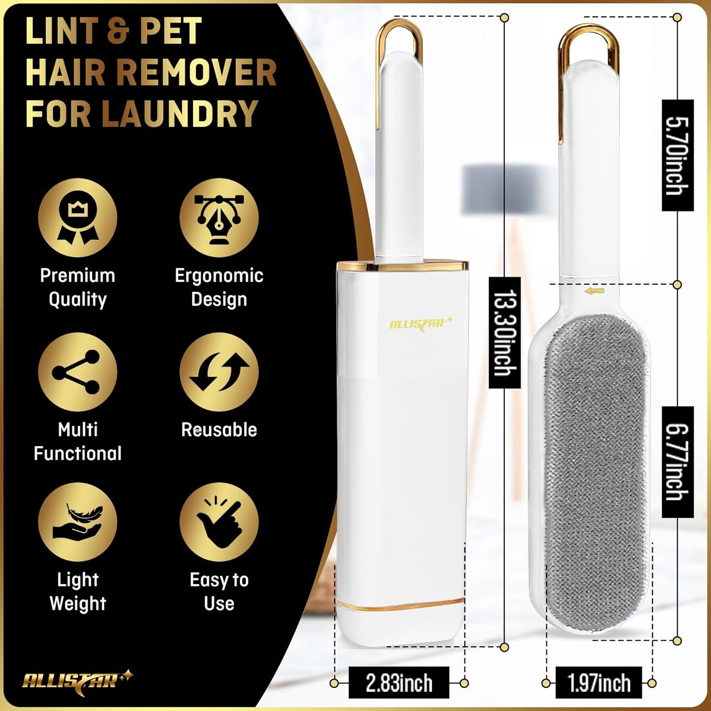 Lint Brush, Lint Remover, and Pet Hair Remover for Laundry, Clothes, Couches, Car Seats, Furniture and Fabric. Reusable Dog and Cat Fur Wizard Hair Removal Brush. ALLISTAR (Midnight Blue)